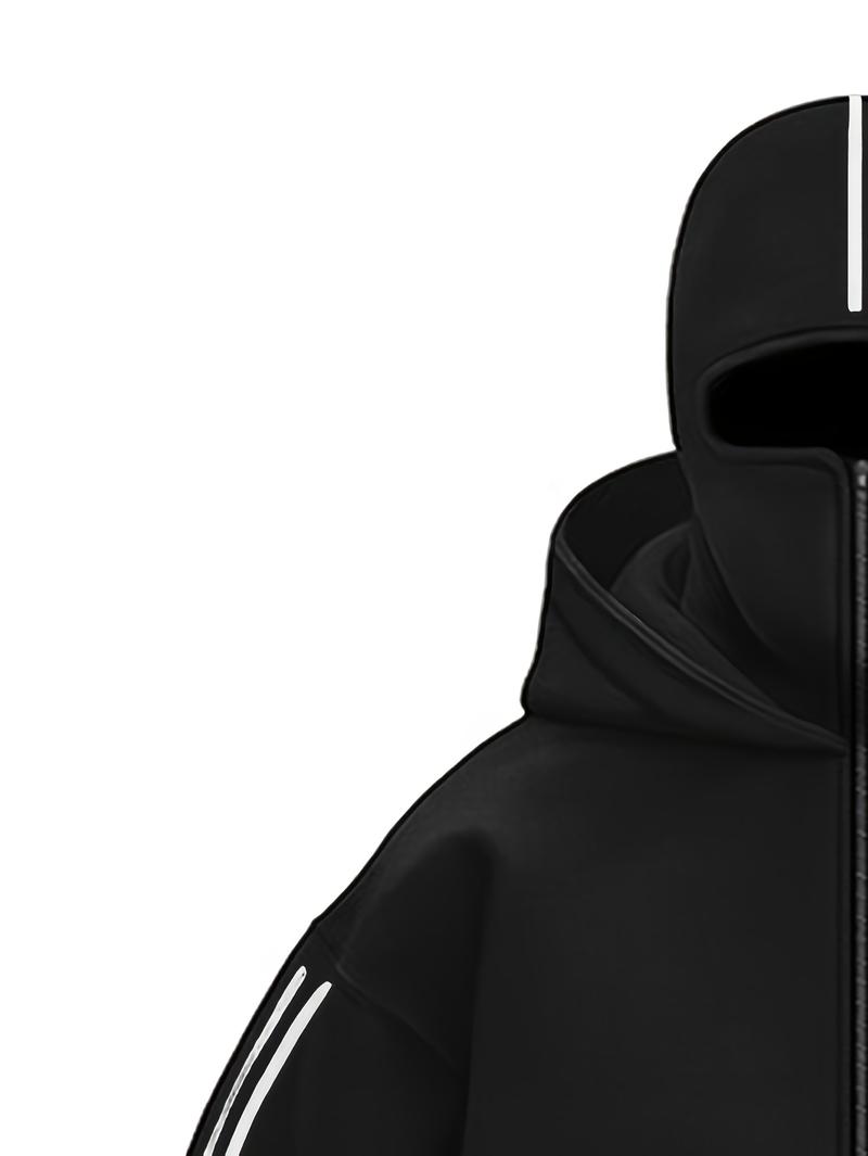 1pc TNZI men's full zipper windproof mask hoodie long-sleeved jacket versatile and fashionable urban style, with zippers and pockets - warm, windproof and durable, suitable for daily or outdoor autumn/winter wear