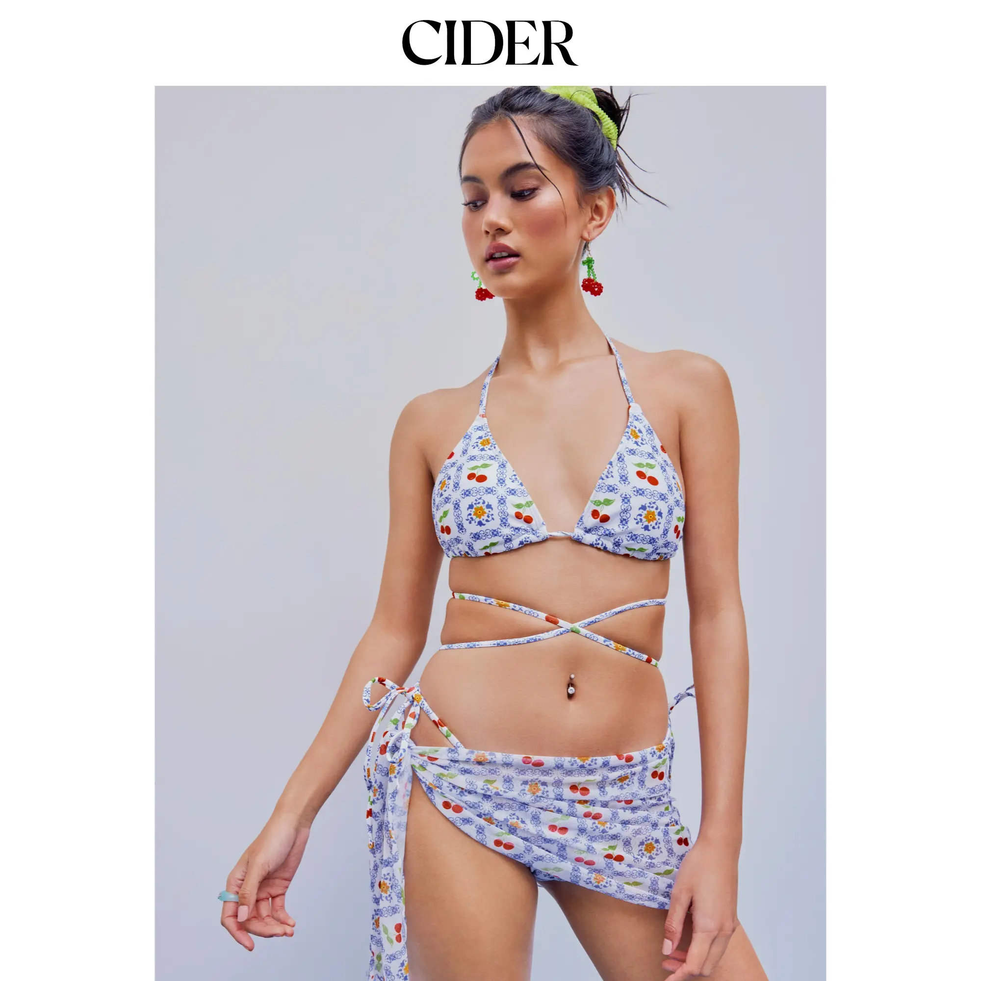 Cider [size 2-8] Halter Cherry Tie Side Bikini Swimsuit With Sarong