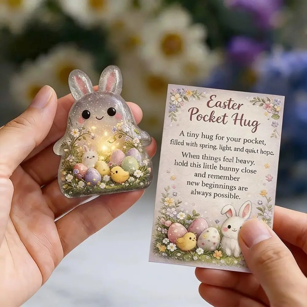 Easter Pocket Hug Bunny, Clear Acrylic Rabbit Keepsake Charm with Positive Quote Card, Inspirational Gift for Women & Girls, Cute Pocket Token for New Starts