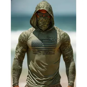 New men's army green hooded jacket, camouflage flag color matching print mask, one-piece quick-drying and breathable, outdoor mountaineering and fishing, long sleeves drip clothing