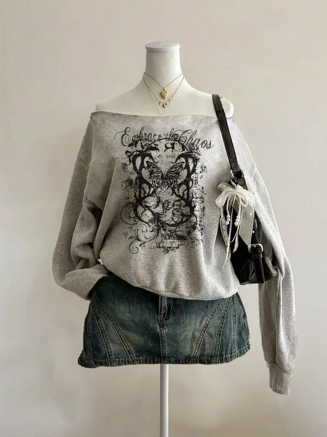 Viral TikTok Y2K Grunge Heather Grey Oversized, Baggy Off Shoulder Butterfly Distressed Vintage Graphic Soft French Terry Sweatshirt Women Slash Neck Long Sleeve Pullover Top Streetwear Dating Campus Daily Lounge OOTD Aesthetic Fall Alt Girl