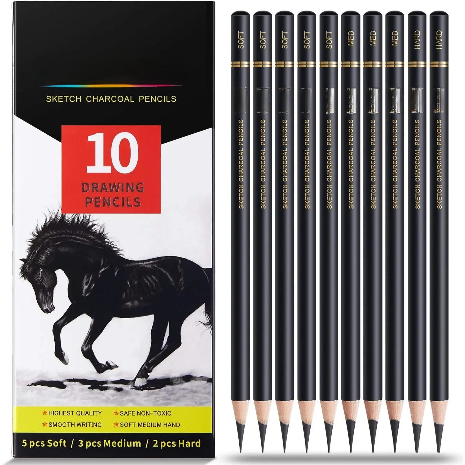 Professional Charcoal Pencils Drawing Set, 10 count Soft Medium Hard | Charcoal Pencils for Drawing, Sketching, Shading, Artist Pencils for Beginners & Pro Artists
