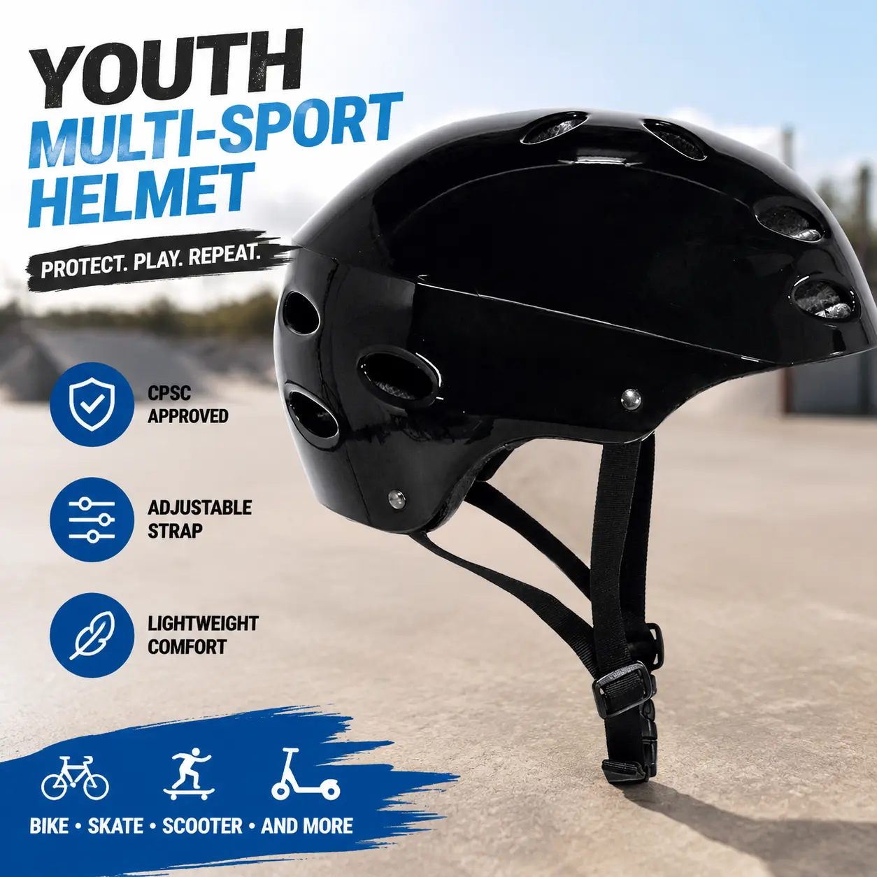 CPSC-Approved Youth Multi-Sport Helmet with Adjustable Strap, Foam Padding, Gloss Finish for Biking Skating, Outdoor Activities