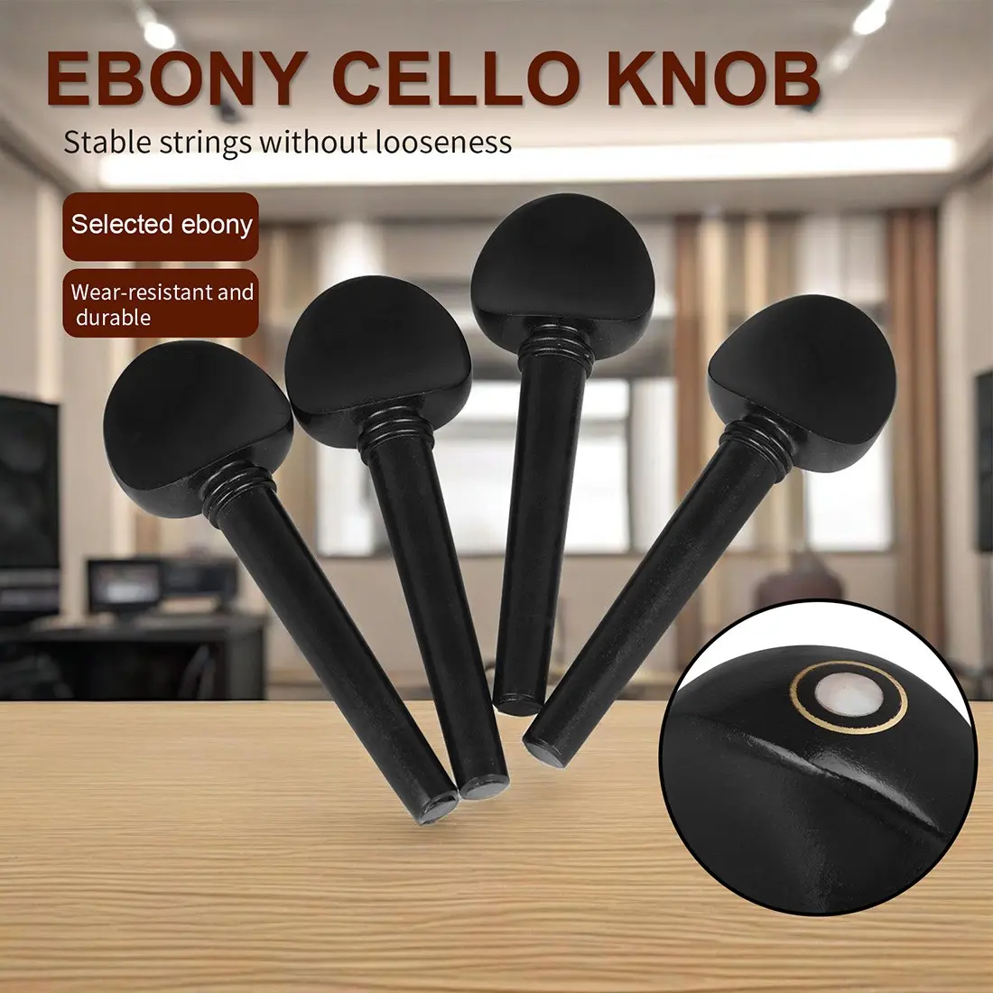 Violin Tuning Pegs Ebony with Fish Eye, 4-Pack No Drilling, 4/4-3/4 Size, PVC Bag Included, Essential Violin Accessories