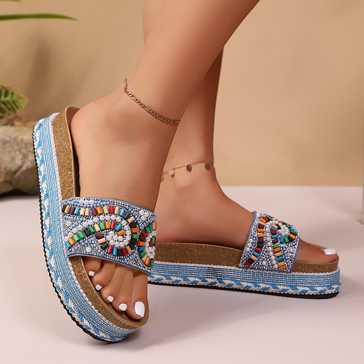 Women's Platform Sandals Summer Beach Slides with Pearl Embellished Cork Wedge Soft Sole Slippers Large Size Comfort Outdoor Shoes Ethnic Style Fashion Footwear for Women