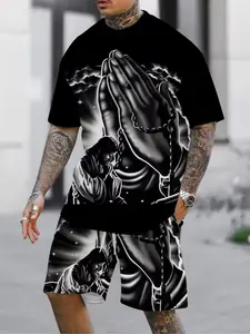 Dark Style Prayer Hand Print Set, Men's American Streetwear Trendy Top, Casual Fitted Tee Set, All Seasons Fashion