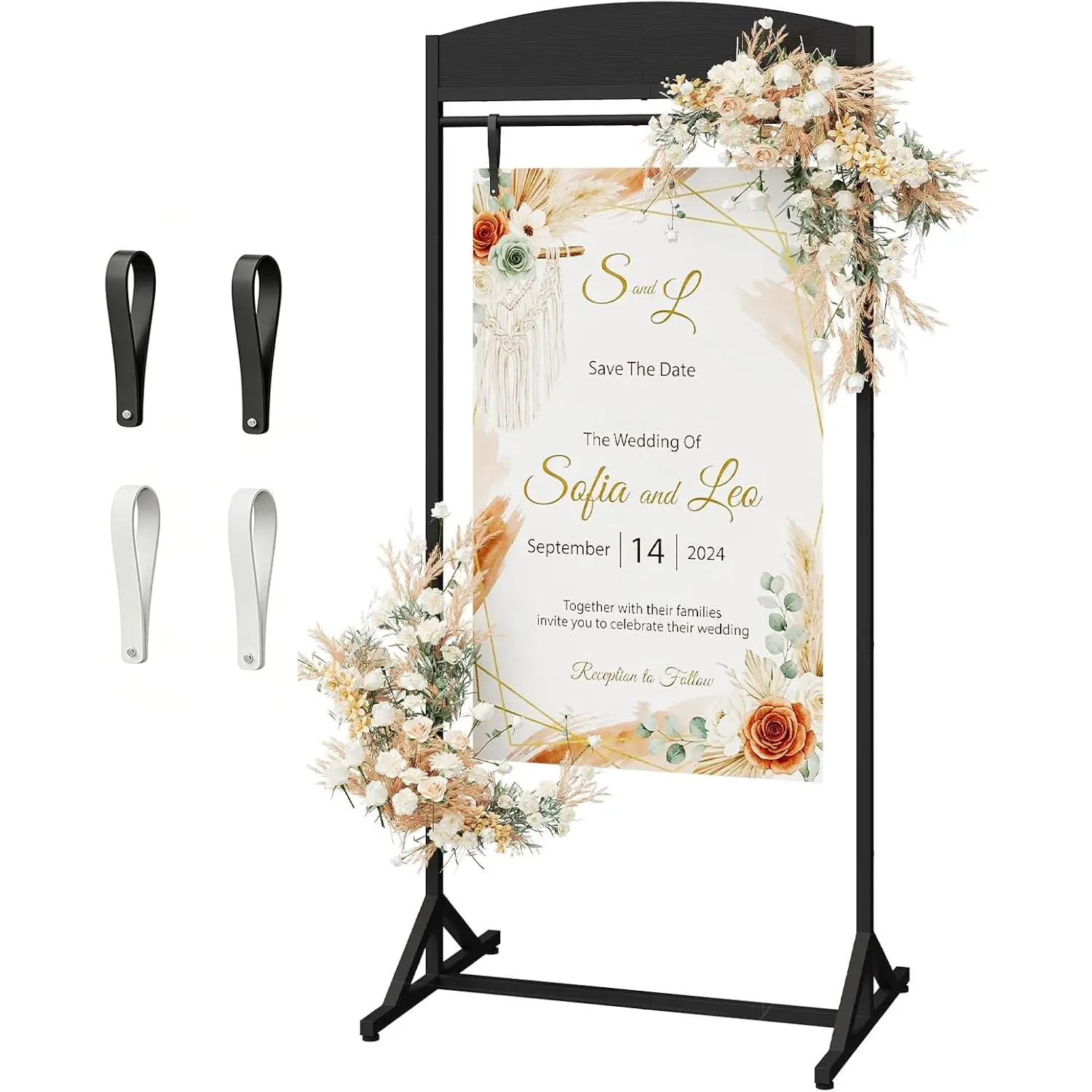 Wedding Welcome Sign Stand, Adjustable Wedding Sign Holder with 4 Leather Straps, 68"x31" Floorstanding Metal Poster Stand with Tripod Base, Display Stand for Wedding, Party, Black TCJ23BB