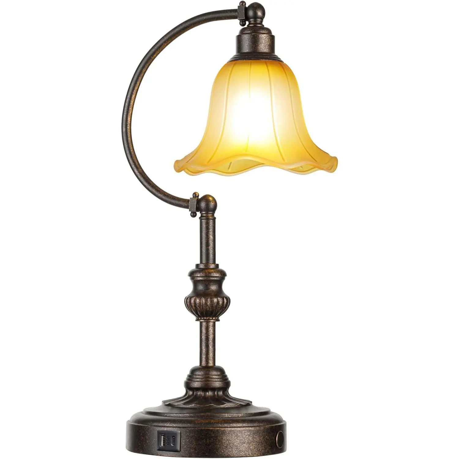 Touch Farmhouse Table Lamp for Living Room with USB C+A Ports, 3-Way Dimmable Rustic Nightstand Lamp, Vintage Retro Lamp for Bedroom End Table with Amber Glass Shade, LED Bulb Included