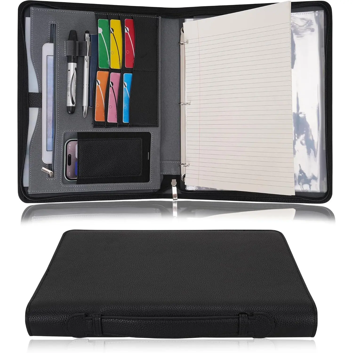 Travel Zippered Portfolio 3 Ring Binder A4 Padfolio Document Case with Removable Clipboard Legal Pad Holder, Business Office School Organizer for Men and Women (Black)