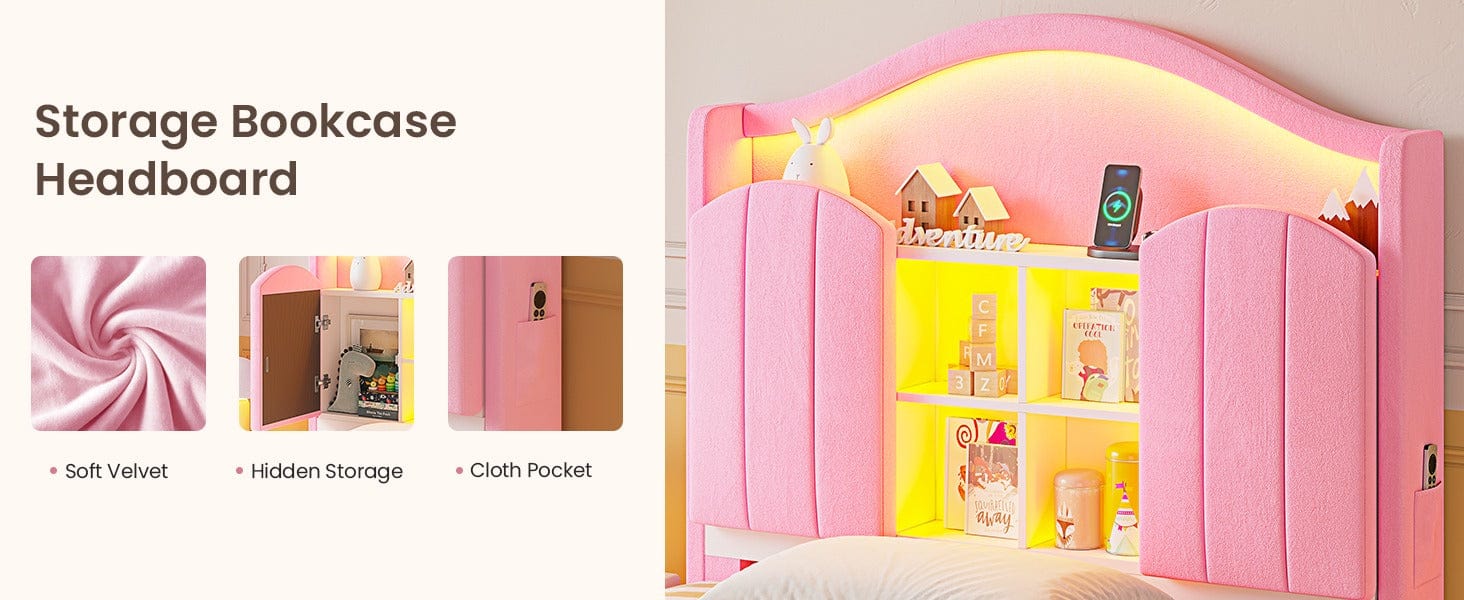 Sikaic Twin Size LED Bed Frame with Charging Station & Storage Headboard Pink Royal Velvet Princess-Inspired Luxury Sikaic Twin Size LED Bed Frame with Charging Station & Storage Headboard Pink Royal Velvet Princess-Inspired Luxury