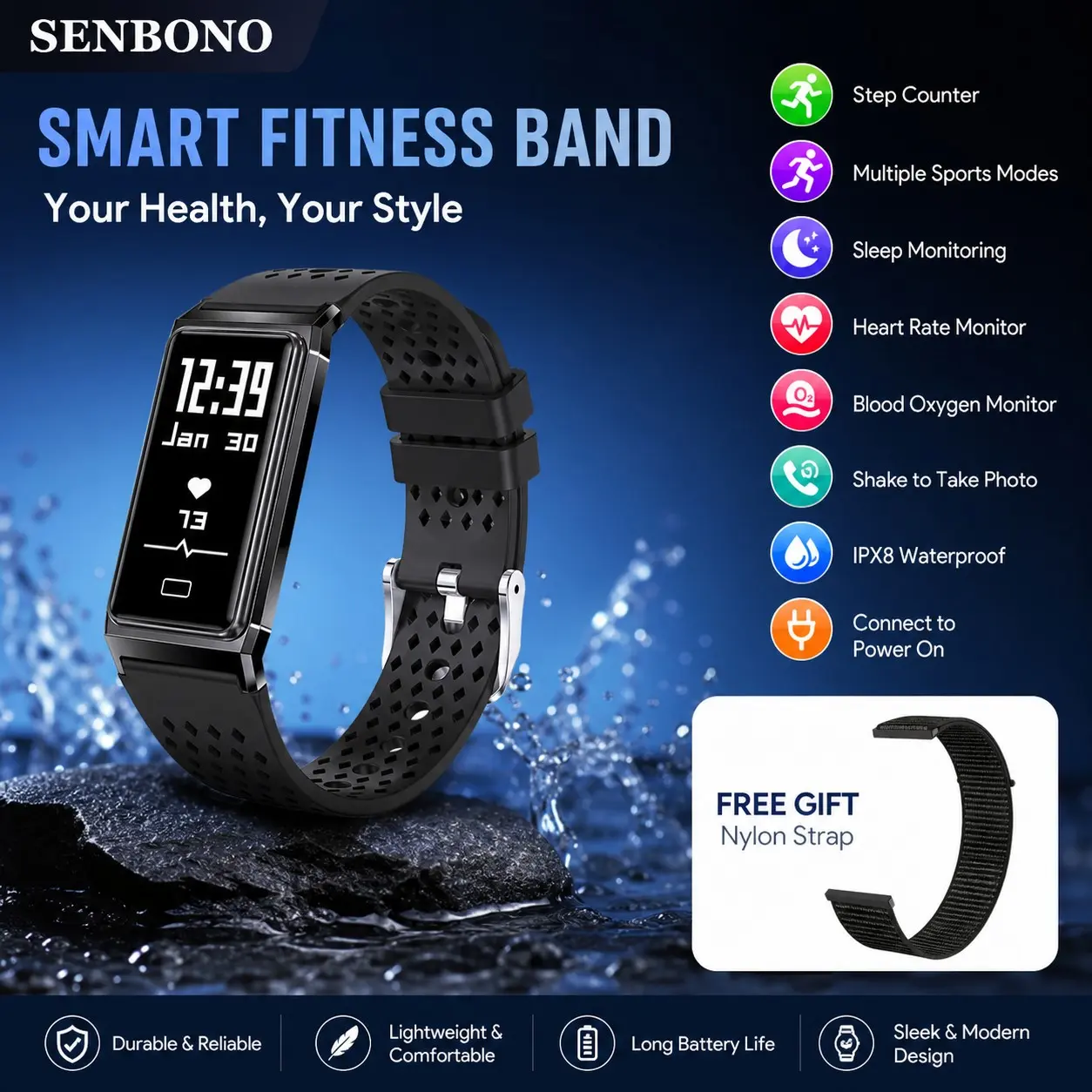 SENBONO Ultra-Thin Smart Band, 0.96 Inch Oled Screen, Ipx8 Waterproof, Heart Rate & Blood Oxygen Monitoring, Long Battery Life, Magnetic Fast Charging