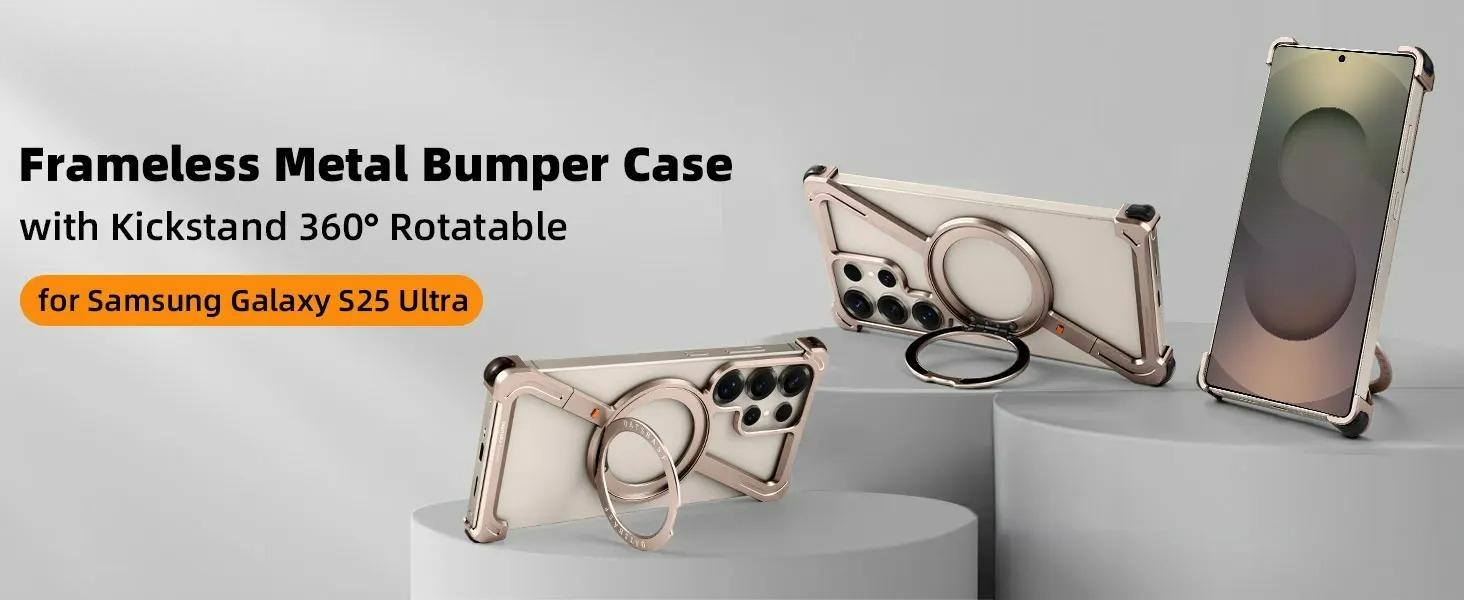 Oatsbasf Metal Frameless Phone Case for Samsung Galaxy S25 S24 Ultra with Stand 360° Rotation Magsafe Bumper Protective Cover