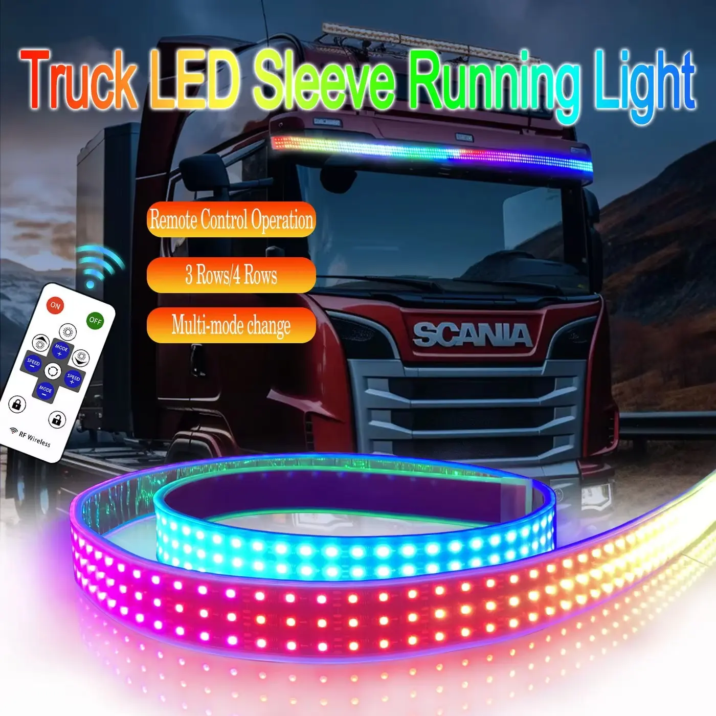 3/4 Rows 5050 RGB Truck LED Flow Running Light Strip 12-24V RF Remote Control Dynamic Multi-Mode Color Chasing Light Bar Truck Lightbar, IP67 Waterproof Flexible Silicone Windshield Roof Decor Light for Semi Truck Trailer Lorry