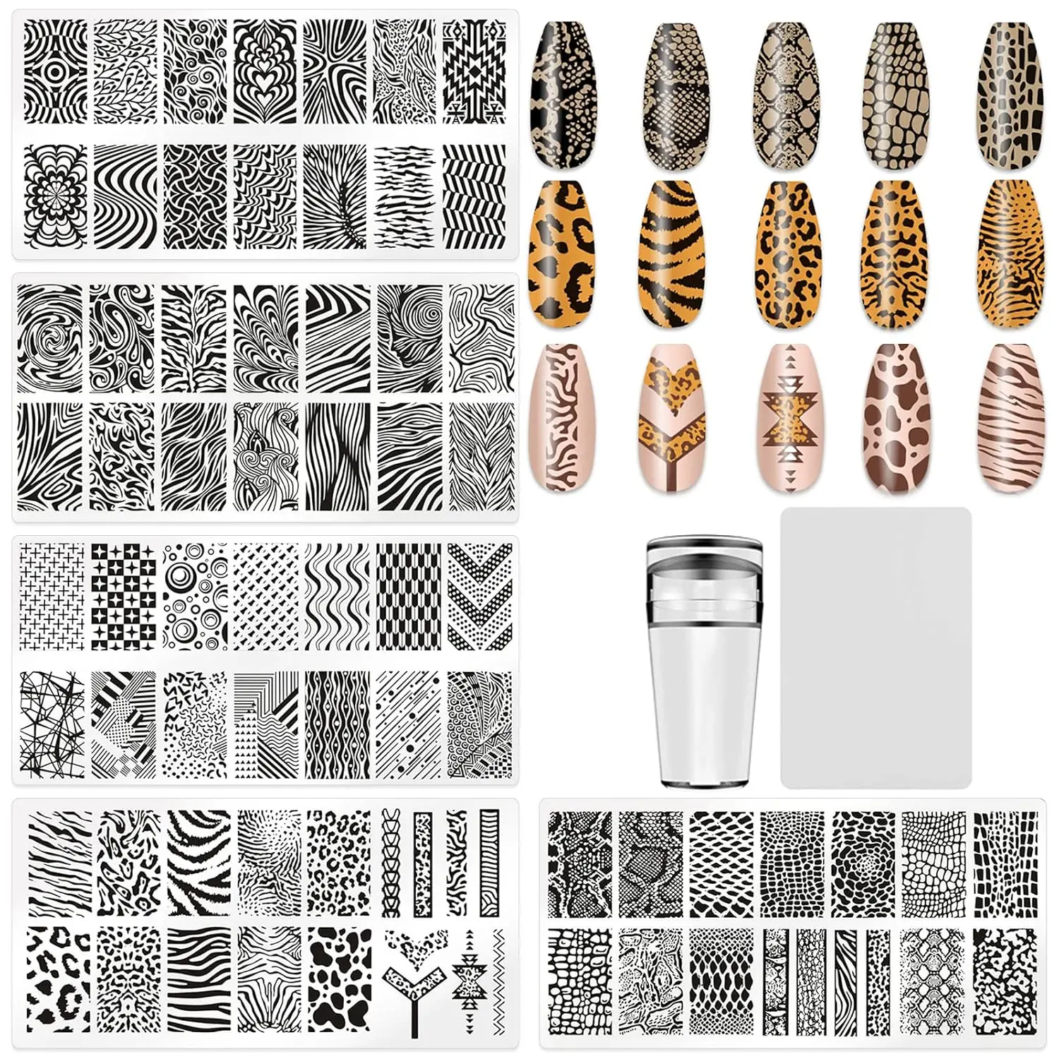 5Pcs Leopard Print Nail Art Stamping Kit with Stamping Plates Stencils 1 Nail Stamper 1 Scraper Nail Art Accessories