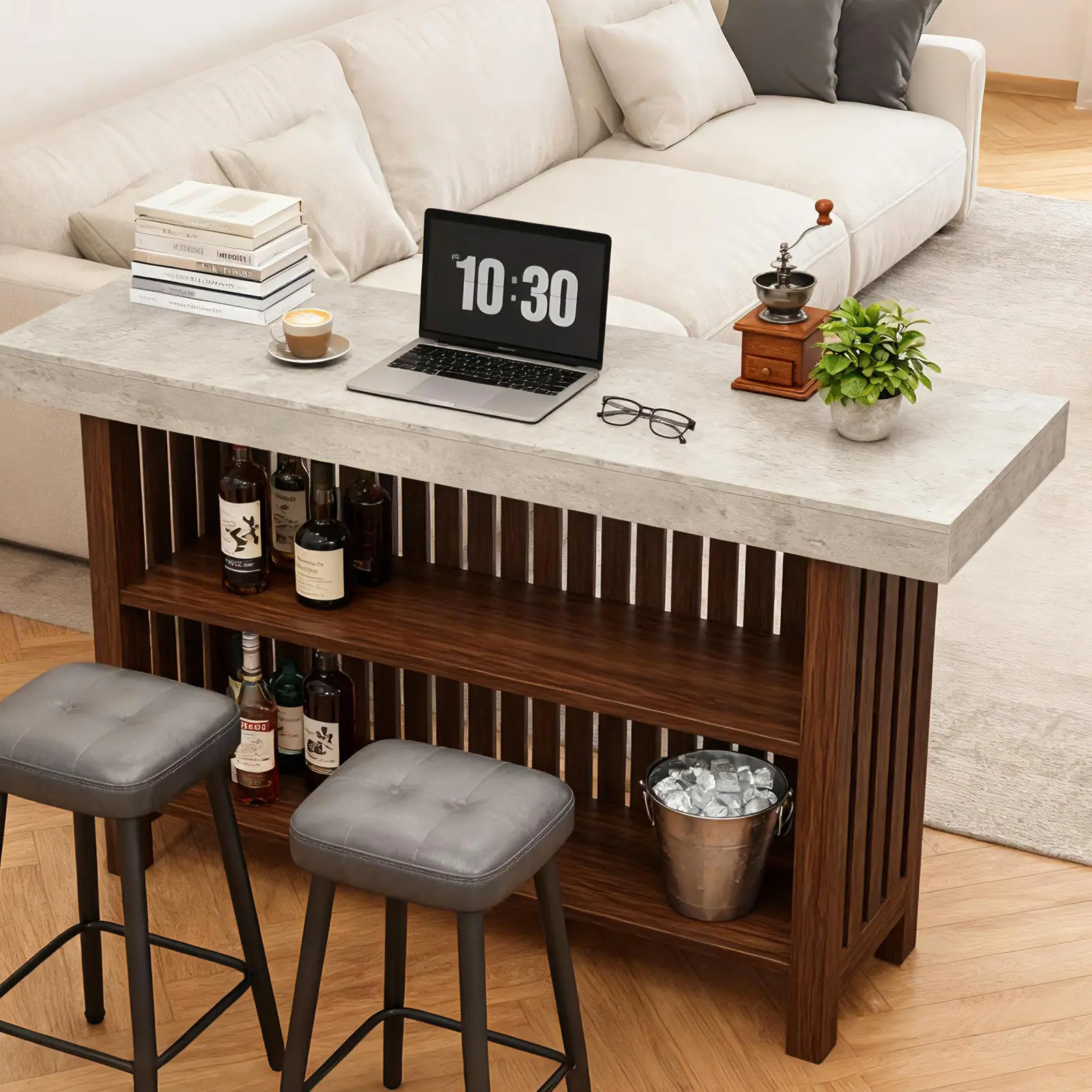 63" Large Home Bar Table, 2-Tier Home Bar Unit, Kitchen Pub Table with Footrest, Modern Coffee Bar Cabinet for Kitchen, Bistro, Dining Room, Living Room