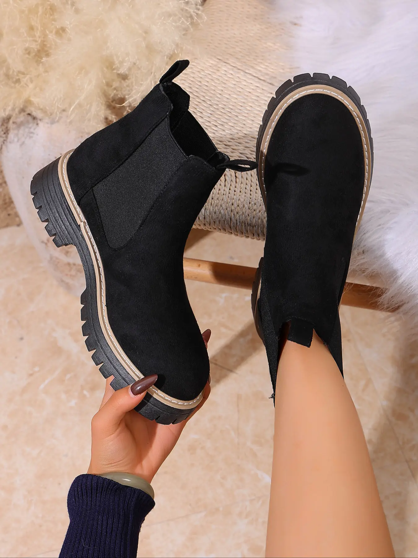 Women's Fashion Thick Sole Chelsea Ankle Boots, Side Elastic Band Design, Chunky Heel Anti-Slip Work Boots, Vintage Versatile, Fall Winter Casual