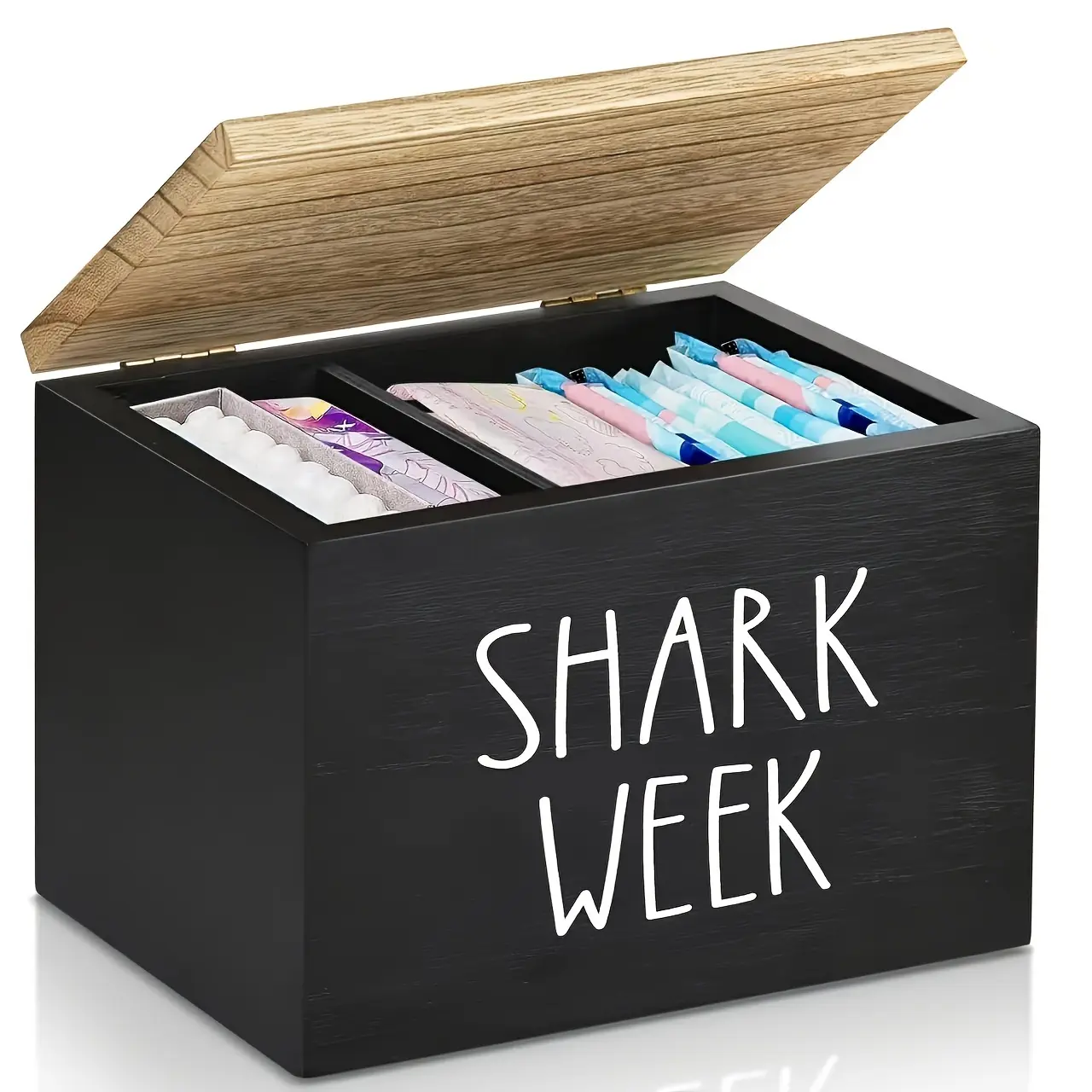[AURA & ISLE] Shark Week Wooden Treasure Box - Sturdy Multifunctional Bathroom Cotton Swab Storage Box, Durable and Easy-to-Clean Themed Storage Box, Festive Style Organizer Container