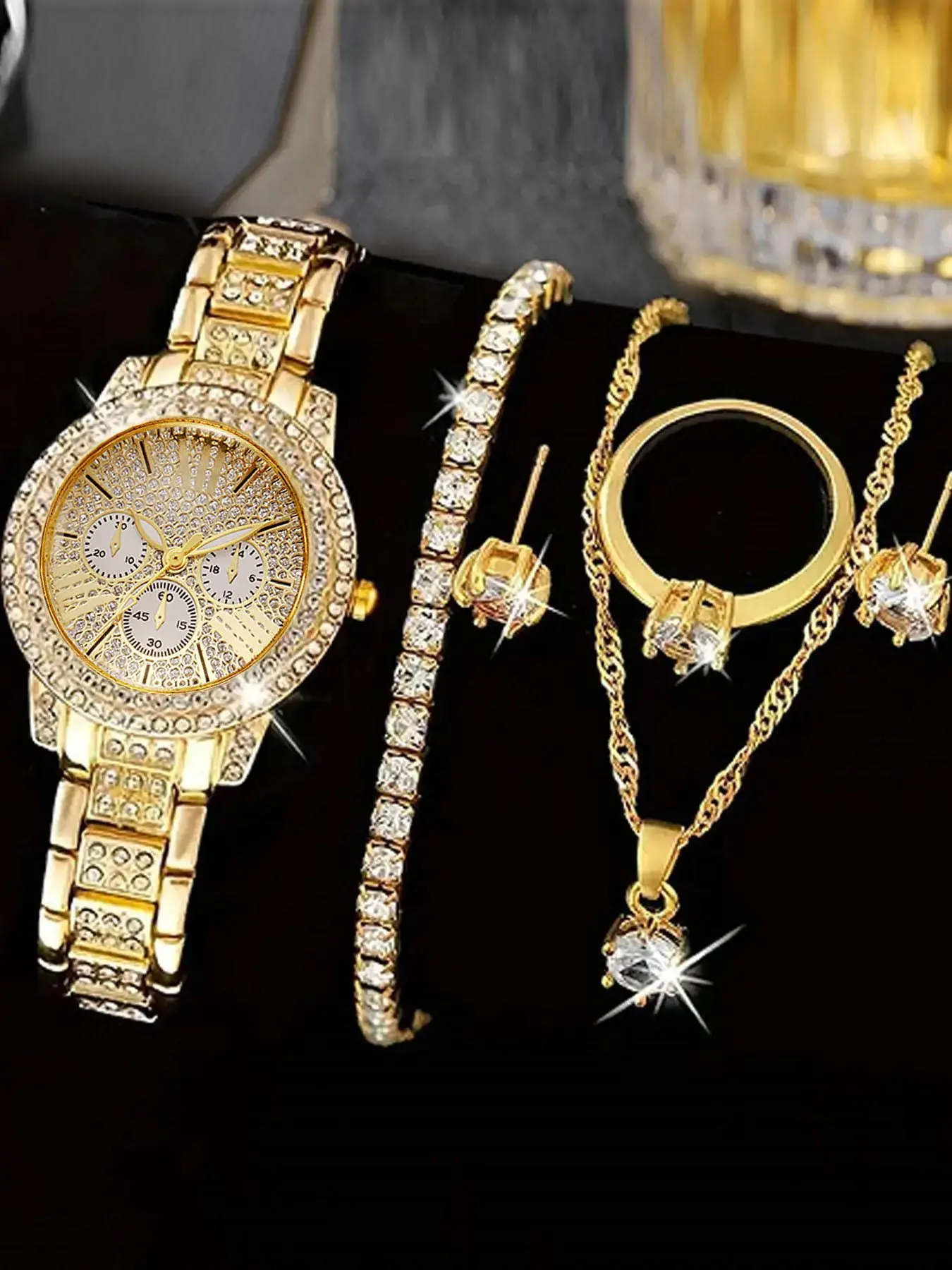 Elegant Women's Fashion Watch Jewelry Set, Includes Round Quartz Watch, Bracelet, Necklace, Ring, Earrings, Stylish Accessory Set, Fashionable Jewelry Set