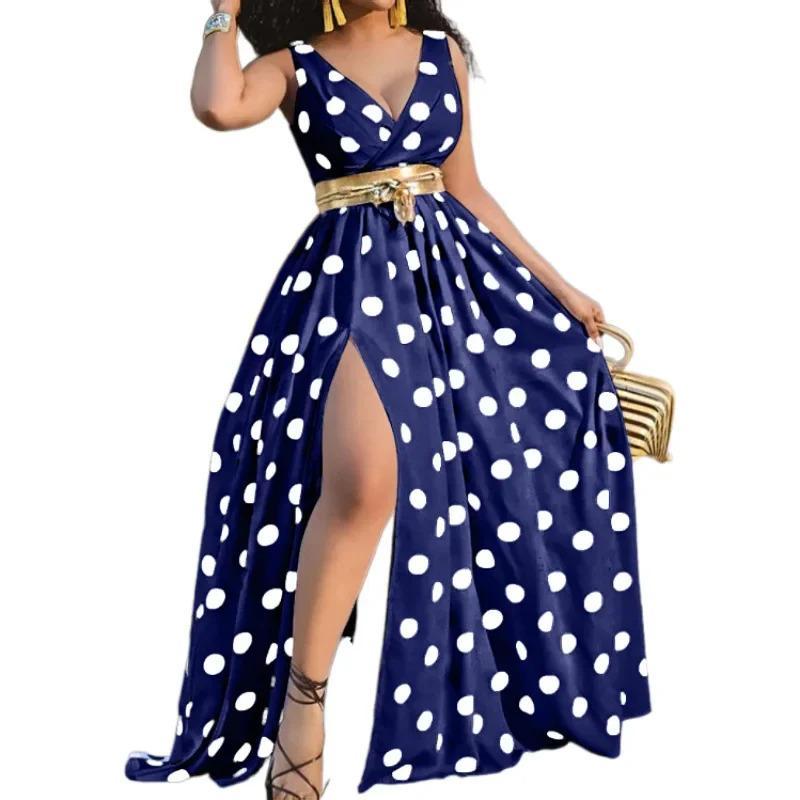 Summer Dress Printed Waist-Controlled Mid Waist Temperament Long Dress Sexy Slit Large Swing Dress with Belt Casual Fit Asymmetrical Womenswear Sleeveless Comfort Elegance Feminine Floral Twist Vneck Formal White