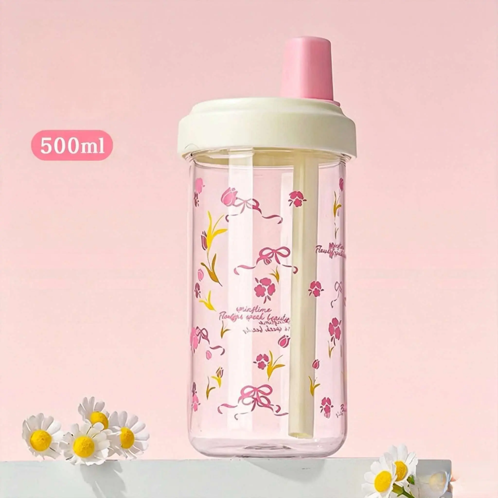 500ML Plastic Water Bottle with Small Flower Cup, PC Sports Water Bottle, Durable Design, Ideal for Daily Use & Outdoor Activities