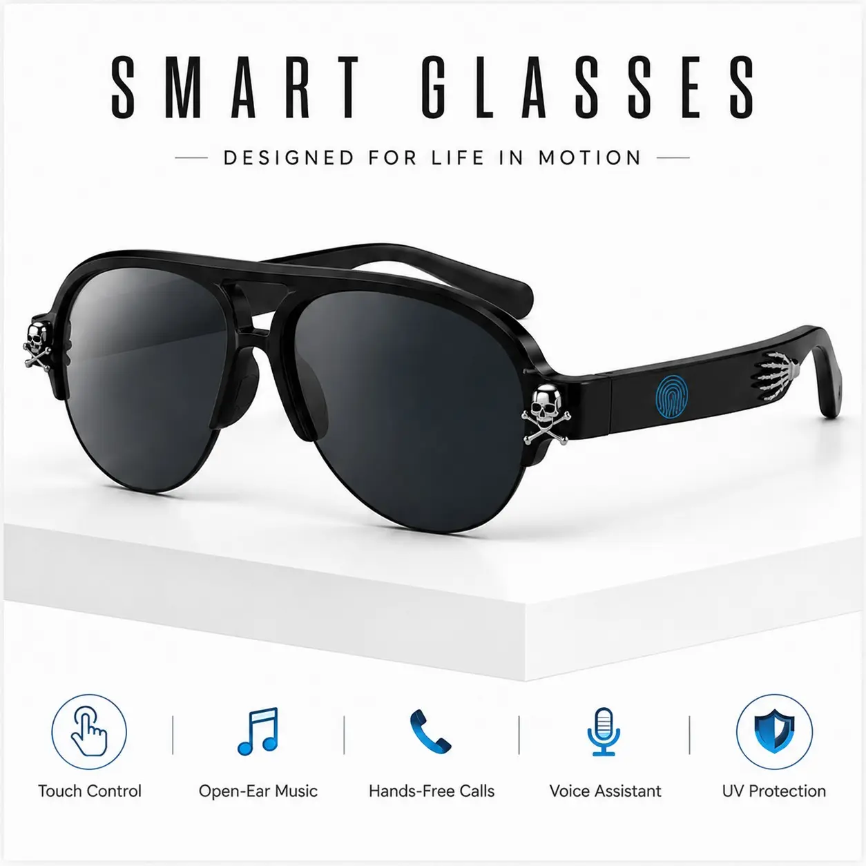 Gothic Smart Glasses, Skull Design Bluetooth Sunglasses with Open-Ear Audio, Built in Microphone, Voice Assistant, Touch Control and UV Protection