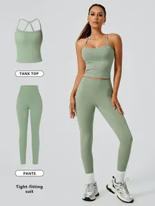 Women's Solid Minimalist Crop Tank Top & High Waist Leggings Fitted Loungewear Outfit, Casual Comfy Soft Breathable for Daily Wear, Ladies Sleepwear for All Seasons, Pajama, Breathable Stylish Pajama