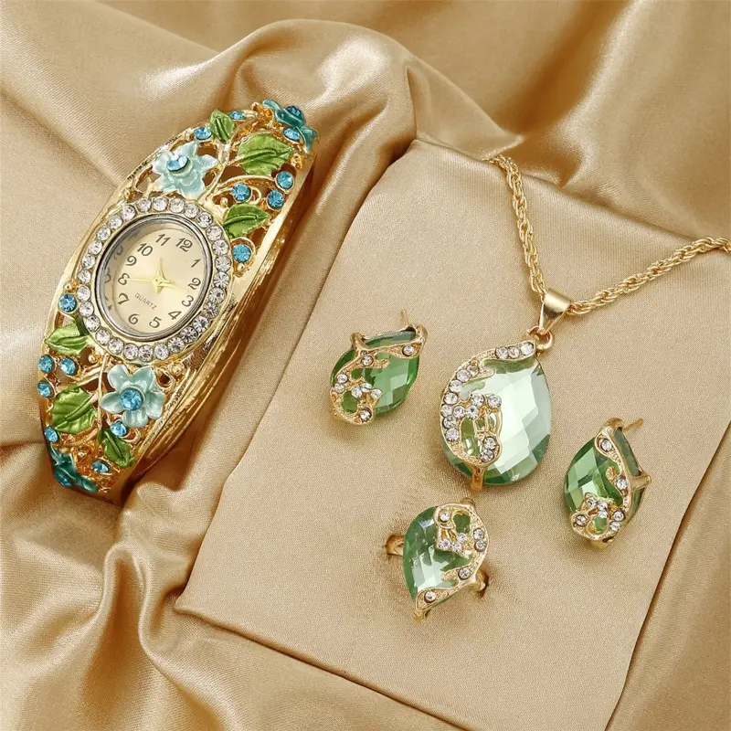 Hot selling vintage floral crystal watch & jewelry collection | Hard-to-find emerald-inspired gold-tone 5-piece set | Includes watch, necklace, earrings & ring, eye-catching design, great for anniversaries, birthdays and holiday gifting