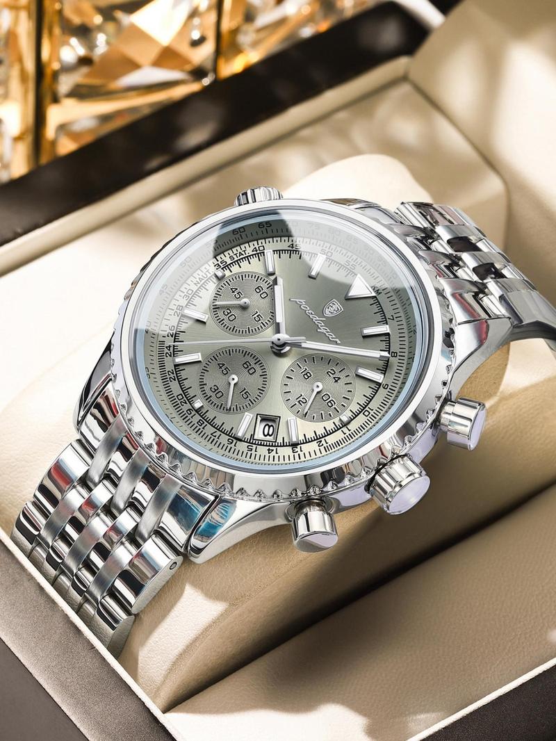 Business Fashion Round Dial Analog Quartz Watches for Men, Trendy Multifunctional Watch, Waterproof Luminous Date Chronograph Watch, Stainless Steel Watch for Men Gifts, with Box