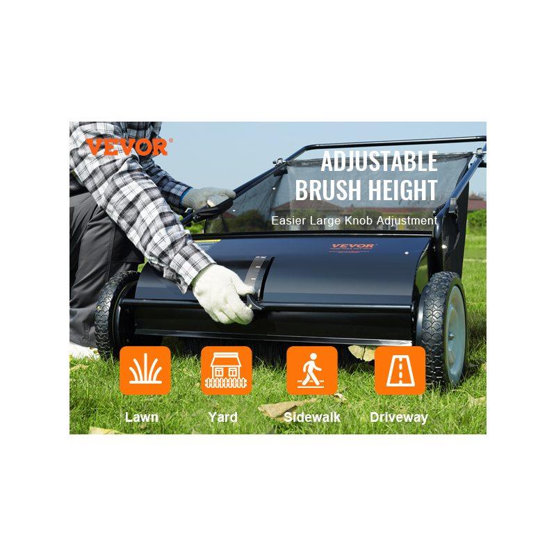 VEVOR Push Lawn Sweeper, 26-inch Leaf Grass Collector, Strong Rubber Wheels Heavy Duty Thickened Steel, Durable to Use with Large Capacity 7 cu. ft. Mesh Collection Hopper Bag, 4 Spinning Brushes