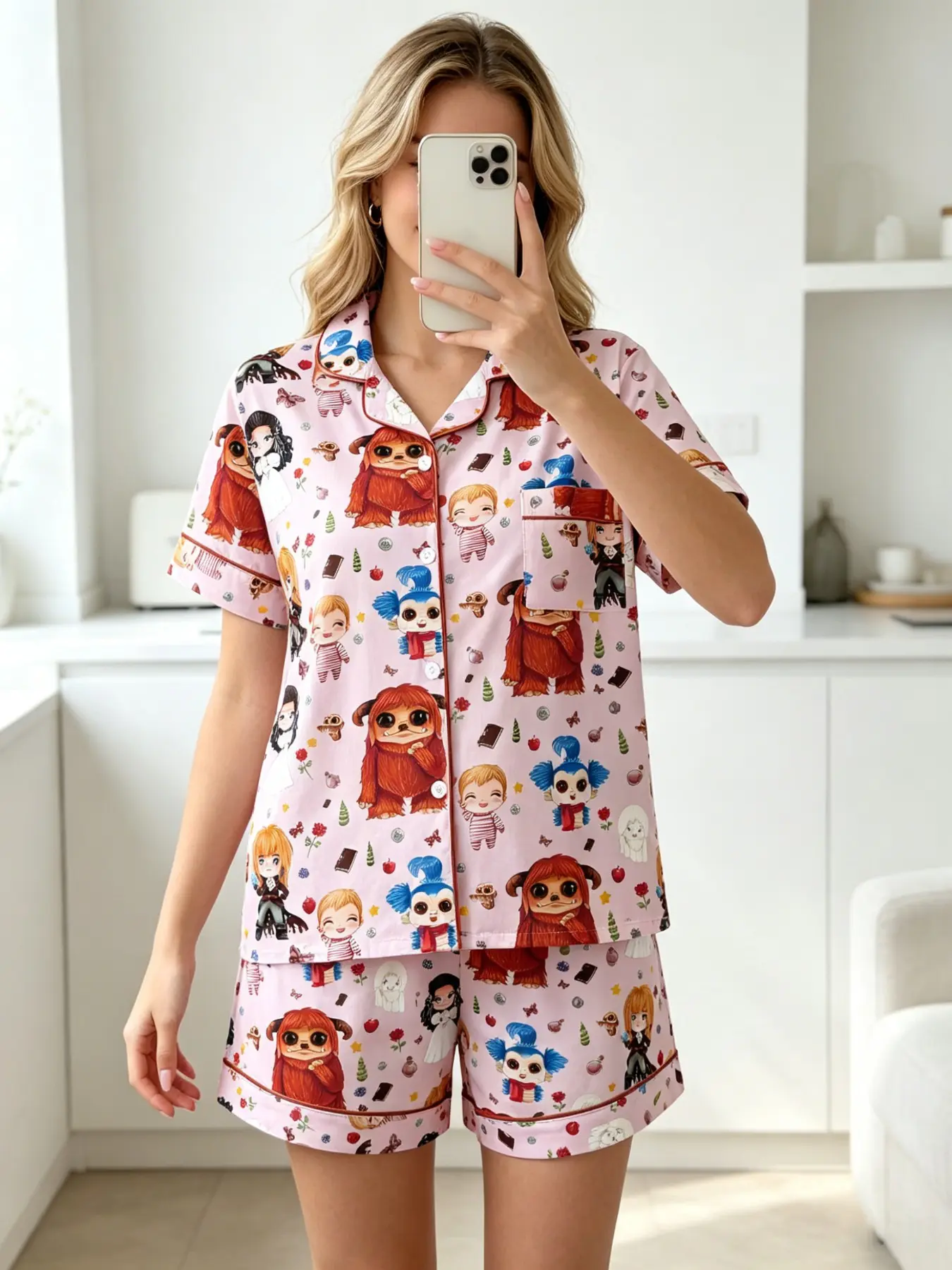 Adorable Fantasy Cartoon Print Teen Pajama Set, Loungewear Set, Soft Short Sleeve Top + Shorts, Fun Cartoon & Floral Print, All-Seasons Casual Home Wear