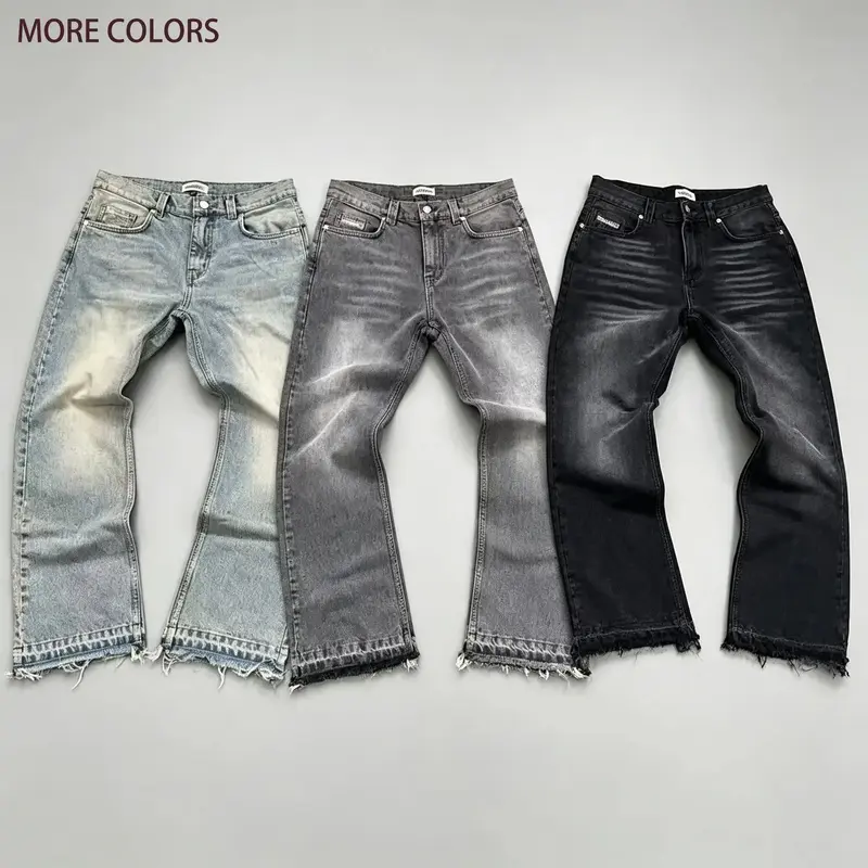 Vintage Washed Frayed Hem Flare Jeans Unisex Gradient Whiskering Distressed Mid Rise Raw Edge Bootcut Denim Pants Oversized Loose Y2K Retro Urban Streetwear Casual Trousers