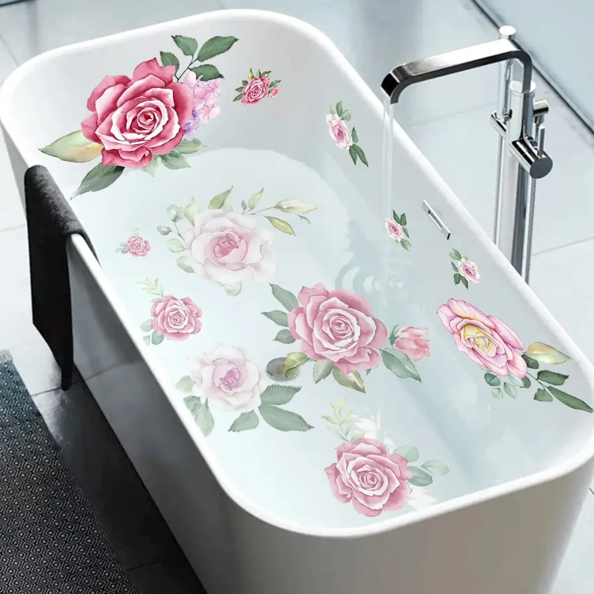 Creative Hand-Drawn Watercolor Rose Floral Bath Tub Sticker, Spring Bathroom Decorative Wall Art, 30x90cm, Home Decoration
