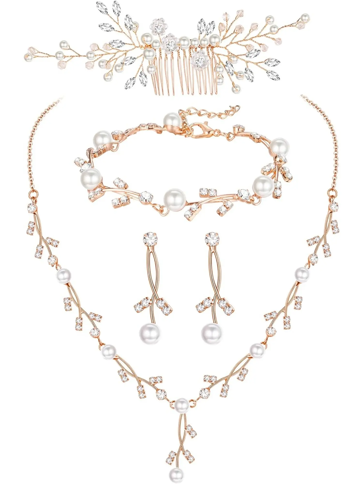 Women’s Wedding Bridal Pearl Jewelry Set, Pearl Rhinestone Crystal Drop Necklace, Earrings, Bracelet & Hair Pins, Prom Accessories for Bride & Bridesmaid, Gold & Rose Gold Two Tones