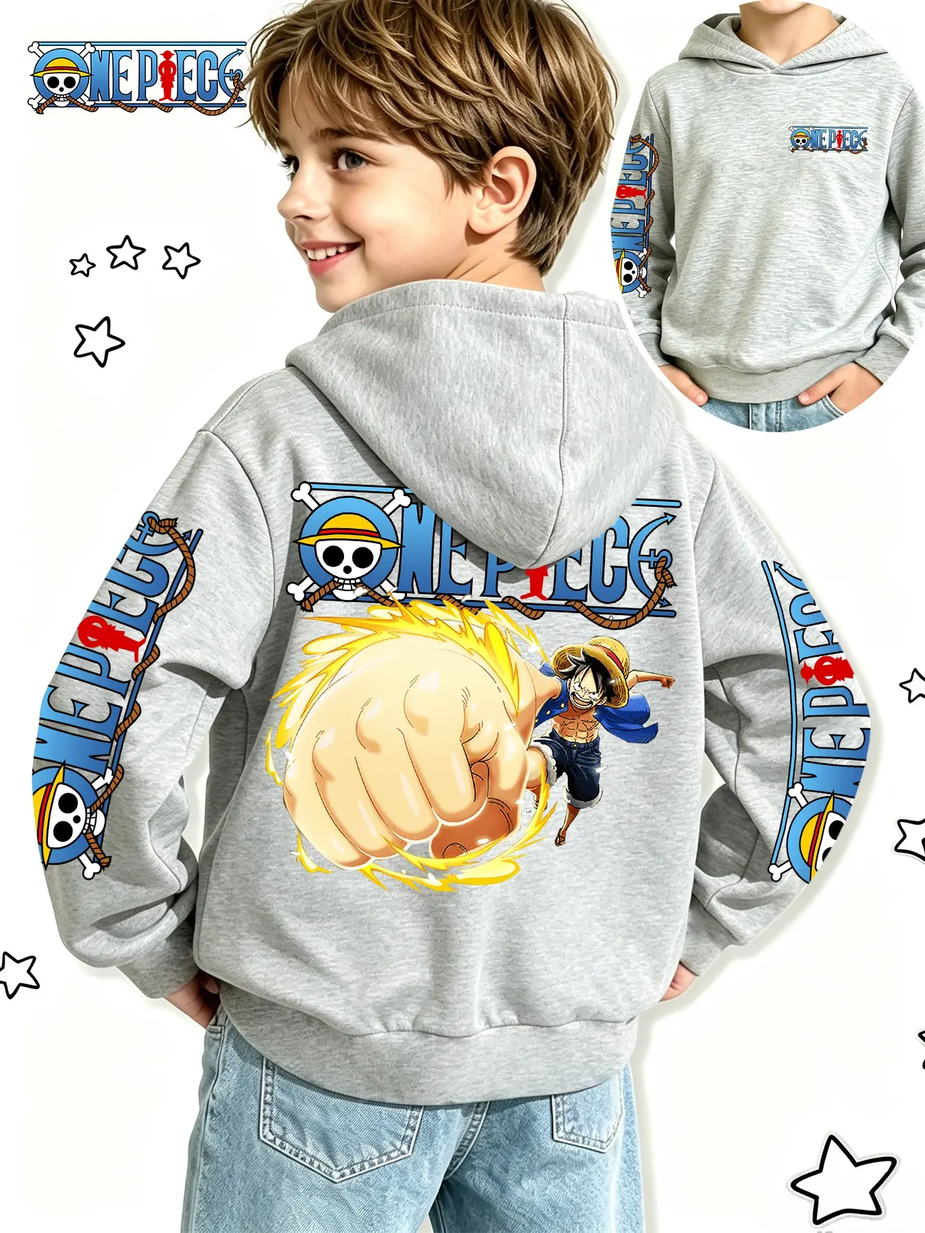 One Piece Official Boys' Anime Sweatshirt, Luffy Fire Fist Print, Spring & Fall Casual Hoodie, Perfect for Holidays & Daily Wear