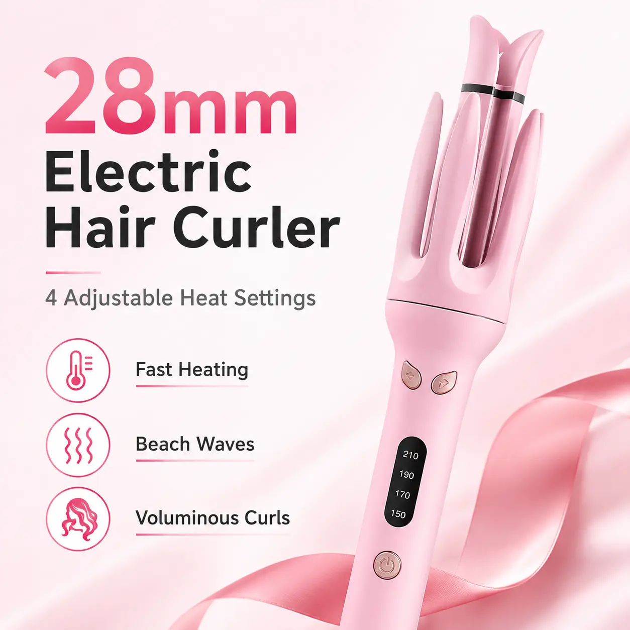 28mm Electric Hair Curling Iron with 4 Adjustable Heat Settings, Fast-Heated Large-Barrel Curler for Voluminous Curls, Soft Beach Waves and Long-Lasting Salon-Style Hair at Home