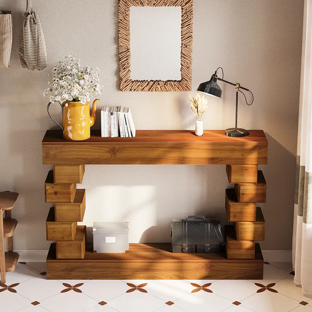 Geometric Block Stacked Wood Console Table, Modern Entryway Console Table with Warm Natural Wood Finish, Rustic Sofa Table for Living Room, Hallway & Foyer, Wooden Accent Table, Contemporary Display Table, Narrow Entry Table, Farmhouse Console Desk