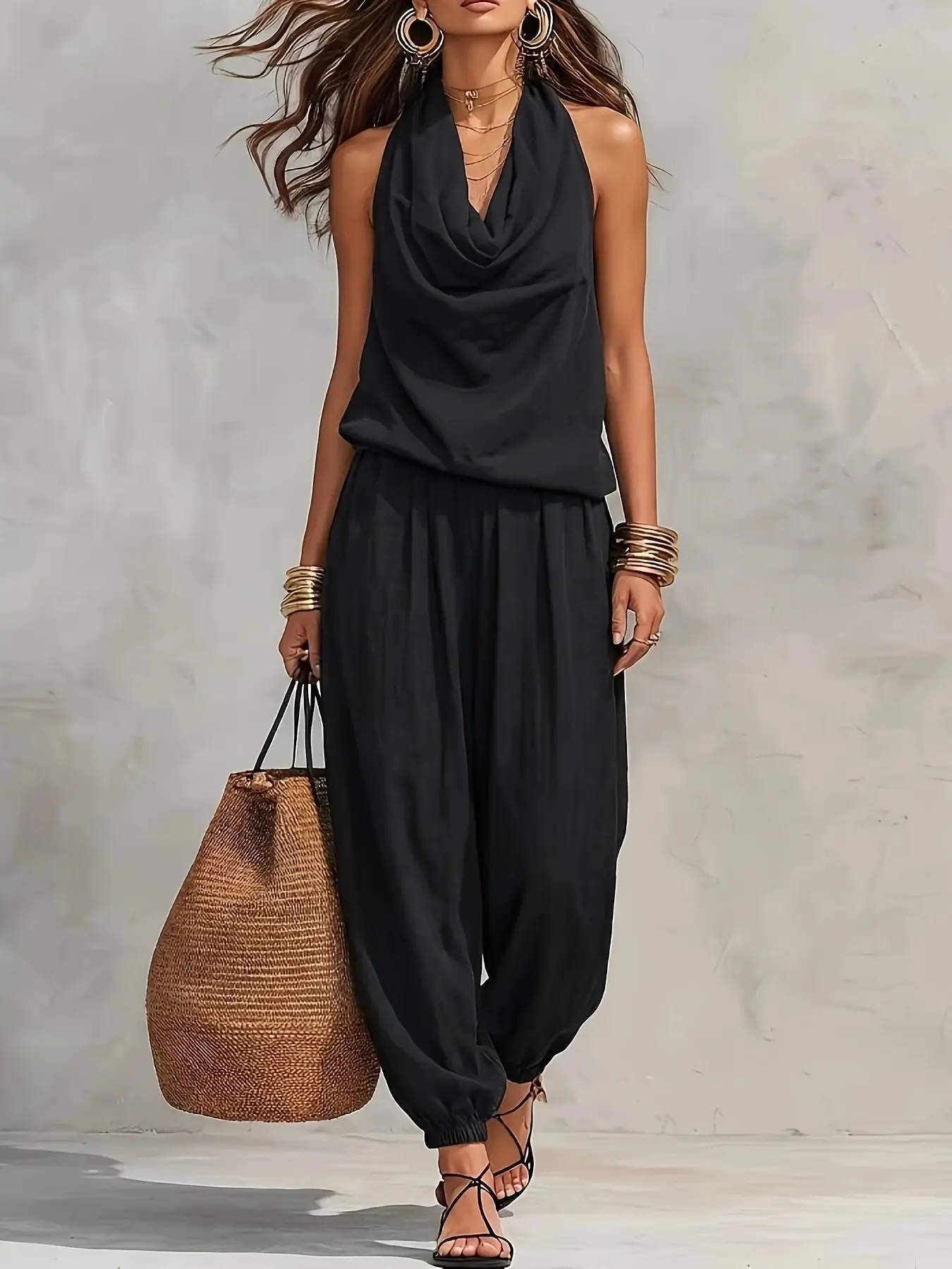 Women's Vintage Halter Neck Top + Flowy Lantern Pants Set, Loose Fit, Slimming, Casual, Perfect for Vacation, Parties, Tea Time