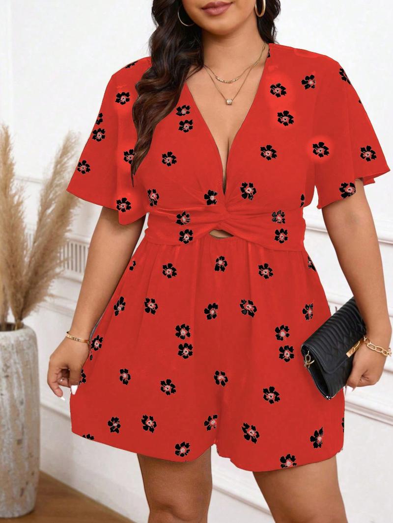 【Plus Size】 Floral Print Rompers, Womenswear Casual Fashion Short Sleeve Romper for Daily Outdoor Wear, Women's Plus Clothing for All Seasons