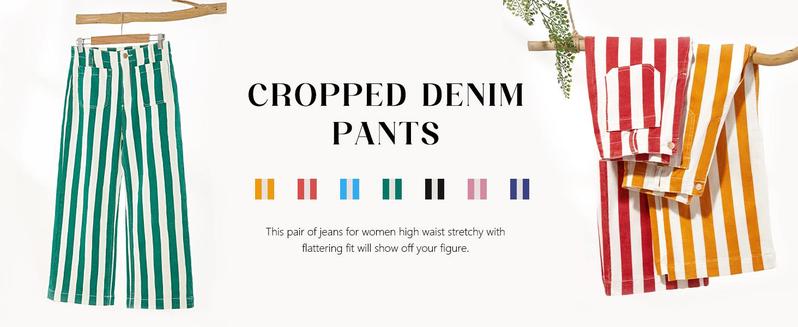 Danedvi Womens Cropped Striped Jeans Casual High Waisted Stretchy Straight Leg Denim Pants with Pockets