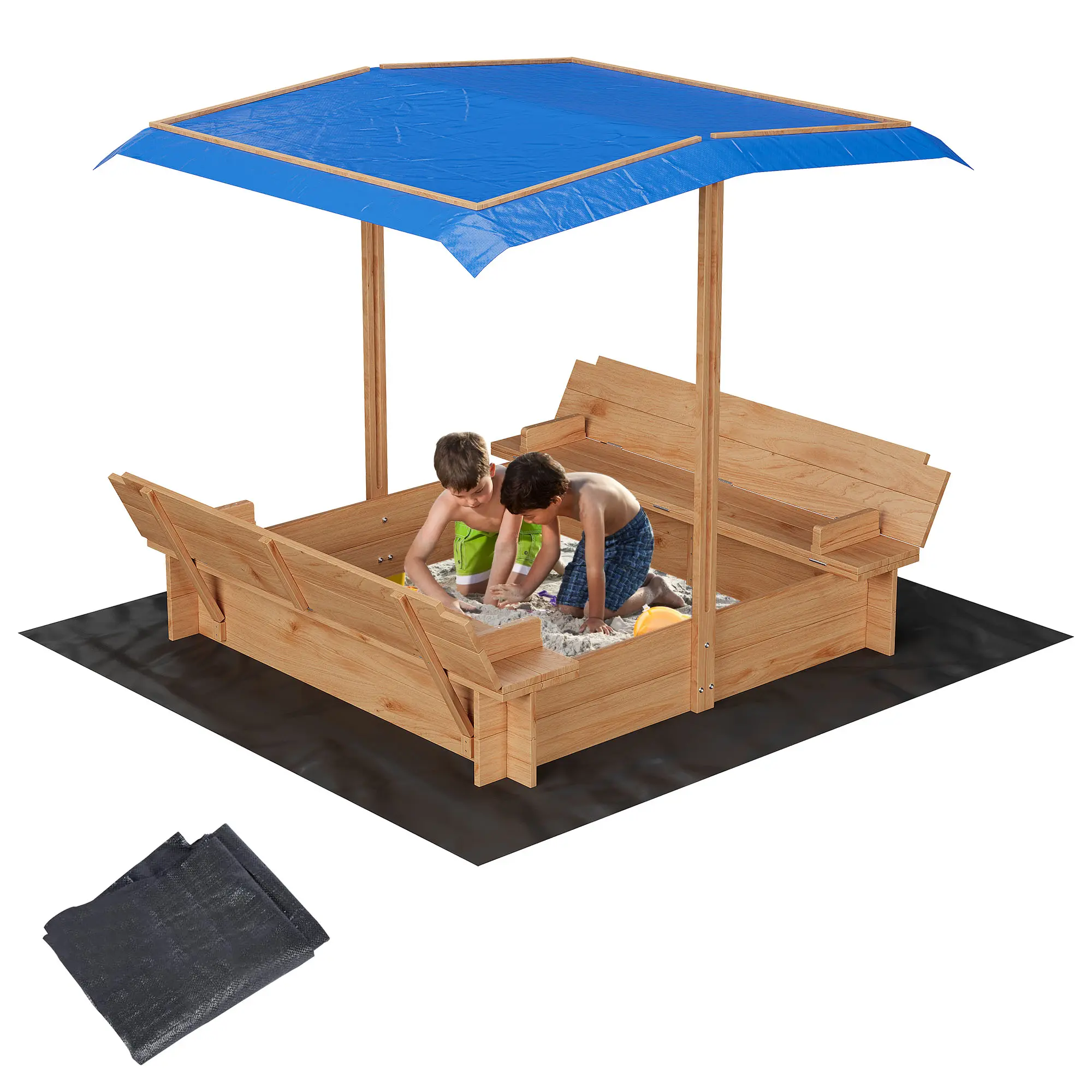 Wooden Kids Sandbox with Canopy & Cover, Outdoor Backyard Sandpit Toy for Toddlers, Convertible Bench Seats to Lid, Bottomless Design with Liner, Adjustable & Rotating UV-Resistant Sun Shade