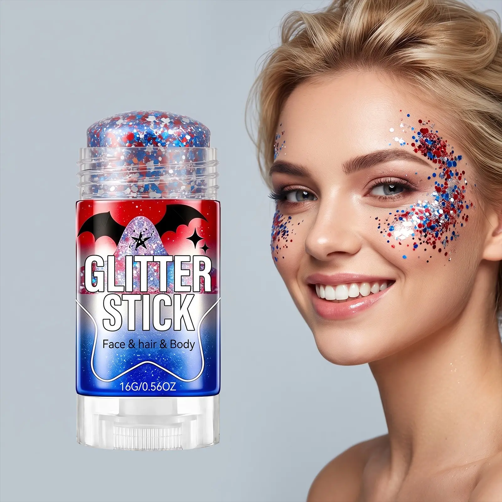 Halloween Body Glitter Stick, Red White Blue Glitter Stick, Red White and Blue Face Hair Glitter for Kids Women, Festival Rave Pride Accessories, Sparkling Chunky Glitter Makeup