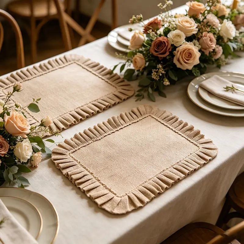 4/6/8 Piece Linen Placemats, Lace Trim Square Woven Placemats, Heat Resistant, Washable, Farmhouse Style, Indoor Outdoor Use, Household Placemat