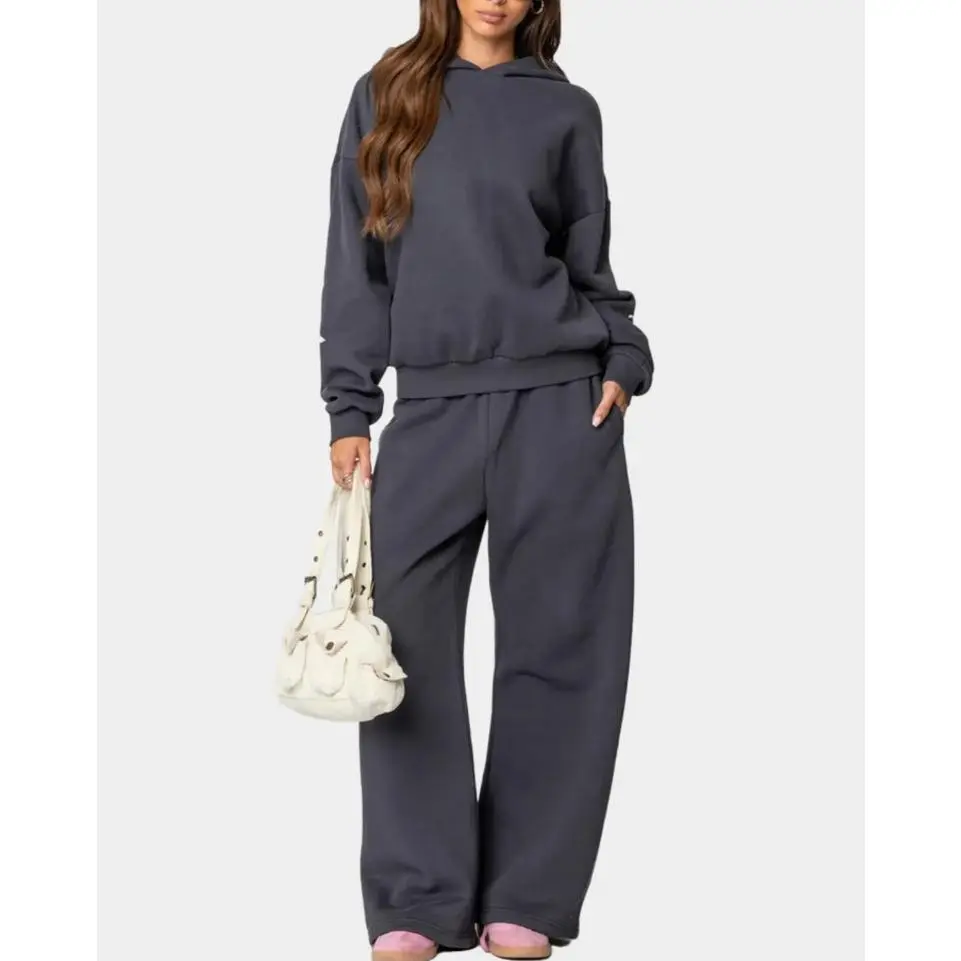 Y2K Streetwear Matching Set Women Drop Shoulder Hooded Sweatshirt High Waist Wide Leg Pants Bow Print Casual Two Piece Outfit