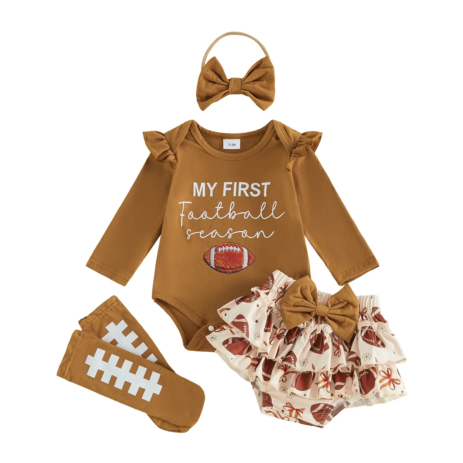 Newborn Baby Girl Football Outfit Long Sleeve Romper Bow Layered Ruffled Mini Skirt Stockings and Headband Fall Set 0-12 Months