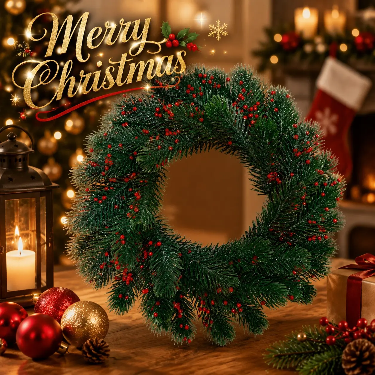 2pcs Christmas Wreath for Front Door, Artificial Pine Wreath with Berries, Xmas Holiday Decorations for Indoor Outdoor Home Wall Fireplace Decor