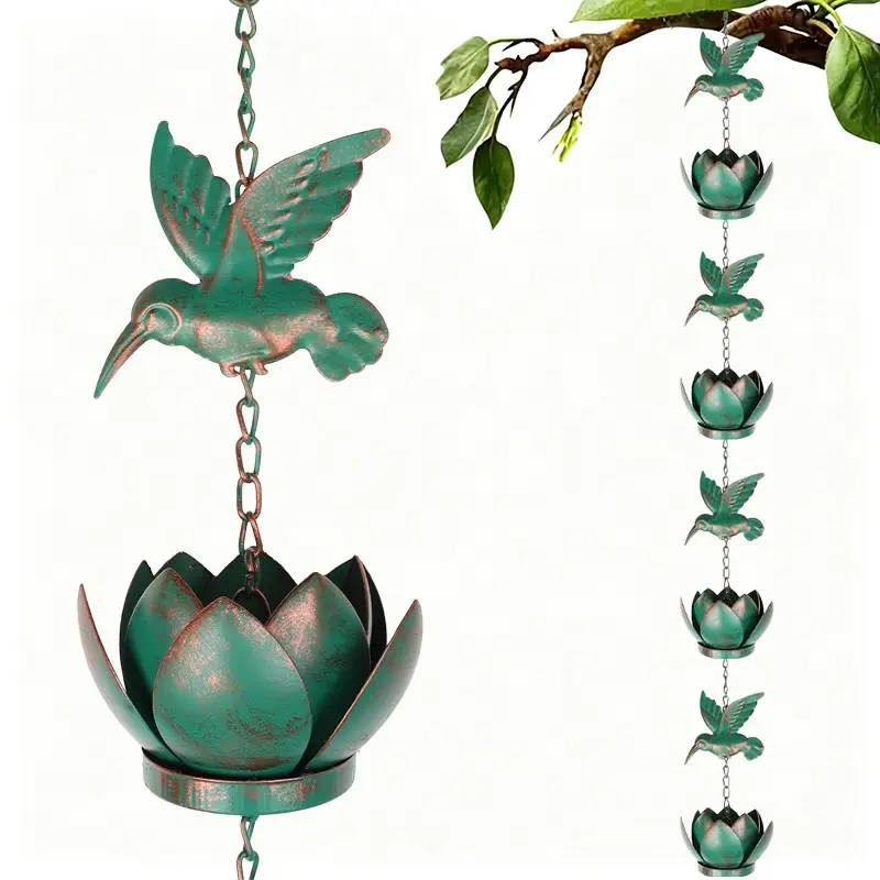 Rain Chain for Gutters, 8.8 Ft Decorative, 12 Hummingbird & 12 Lotus Cups, Copper Plated, Rustproof, Ceiling Mount