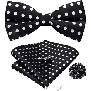 Hi-Tie Mens Black White Polka Dot Bow Ties Pre-Tied Silk Adjustable Bowties Lapel Pin Pocket Square Set for Wedding