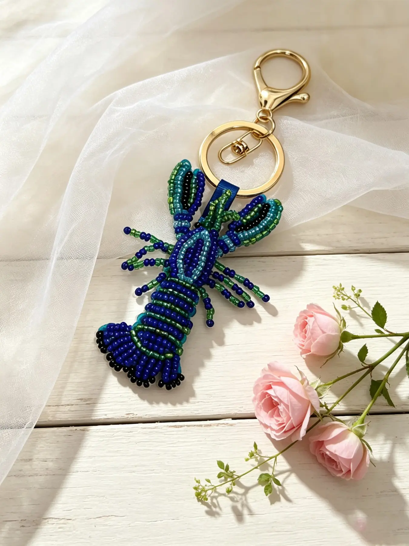 Deep Sea Blue Colorful Bead Lobster Keychain, Handmade Stitching, Cute Cartoon Pendant, All Seasons Beach Bag Decor