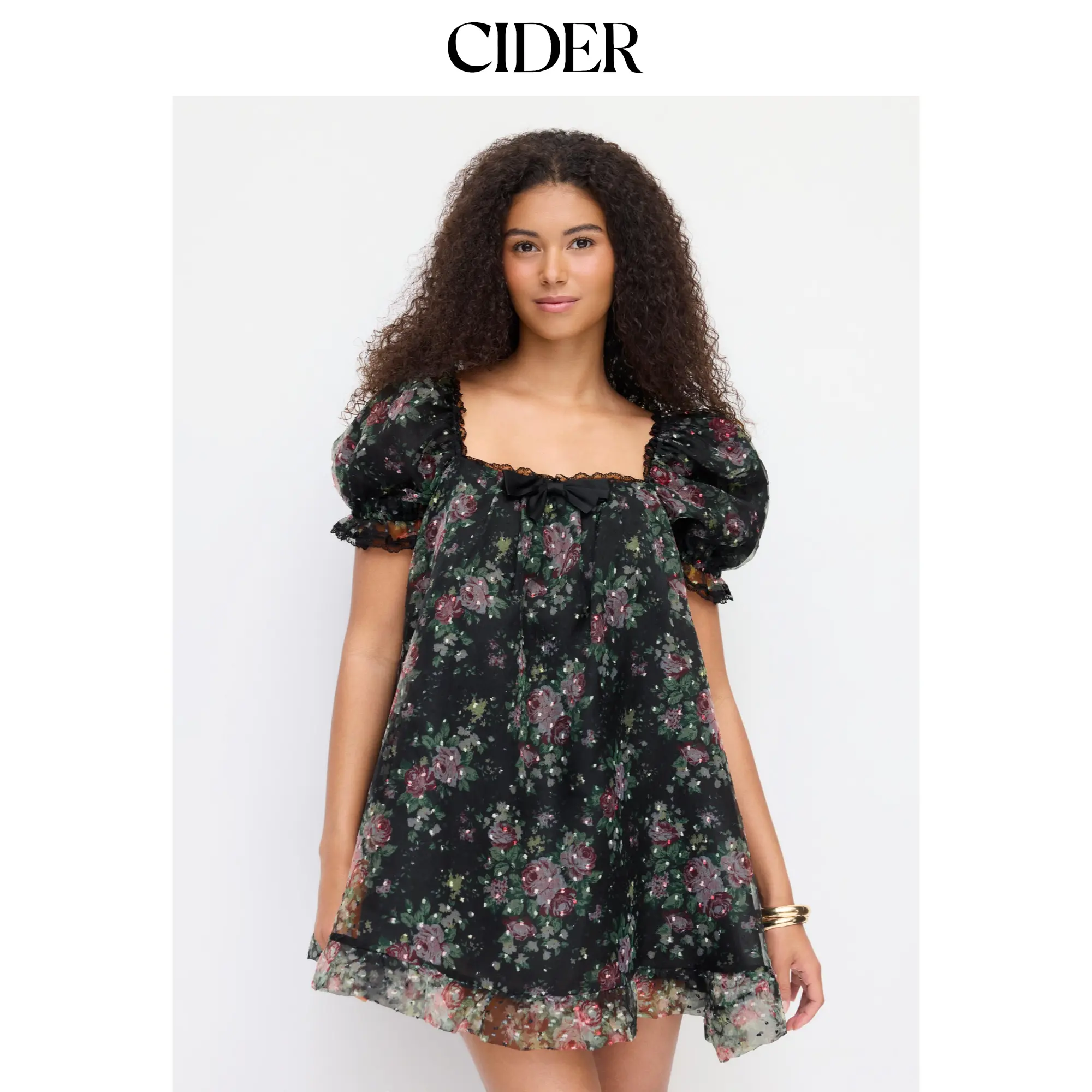 Cider Organza Floral Square Neck Puff Sleeve Bowknot Textured Babydoll Mini Dress SohoChic