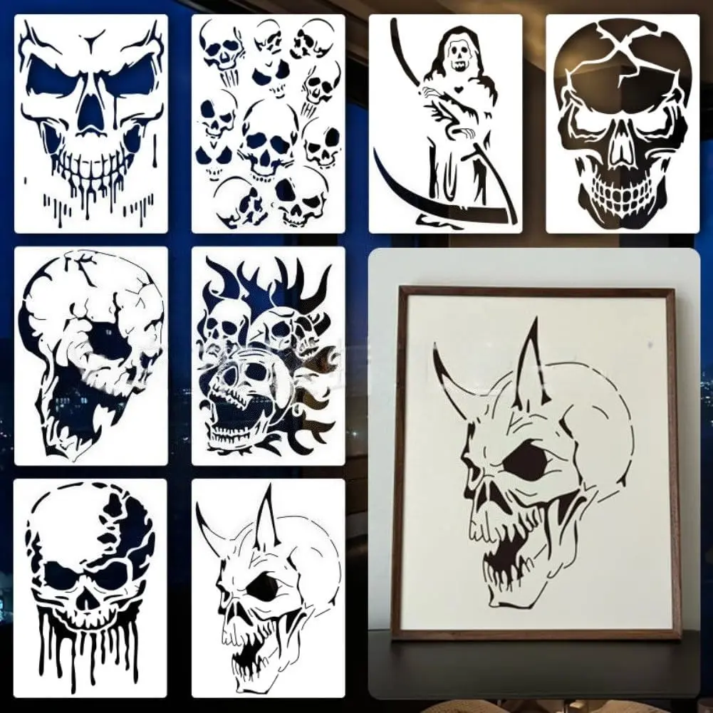 8-Pack Skull Painting Stencils - Large 10x7 Inch Reusable Halloween Templates for Wall Art, Wood Decor, Baking & DIY Crafts, Scary Skeleton Bone Patterns